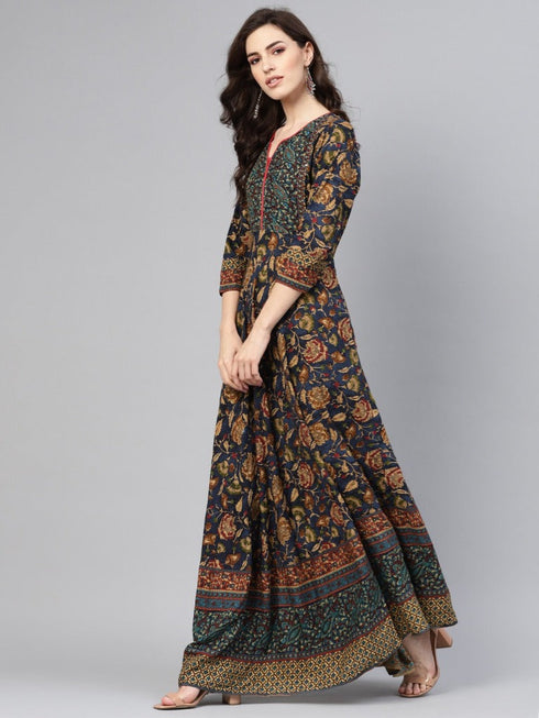 Women Navy Blue Printed Long Maxi Dress